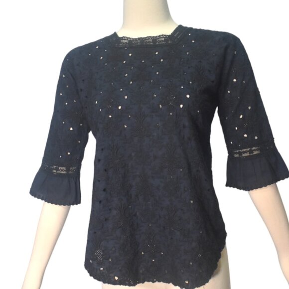 Athe Vanessa Bruno Black Cotton Embroidered Eyelet Top Victorian Goth 34 S - Picture 1 of 9